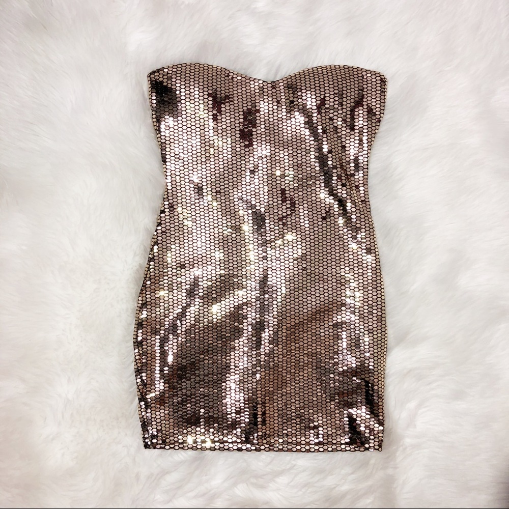 Fashion Nova Strapless Sequin Dress - Gold